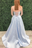 Promfast A Line Strapless Light Sky Blue Satin Prom/Formal Dress With Pearls PFP1888