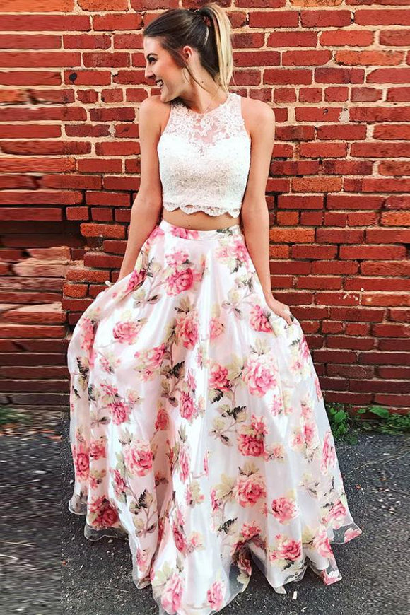 two piece floral formal dress Black Two Piece Illusion Long Sleeve A-line Keyhole Prom Dress with Floral Embroidery