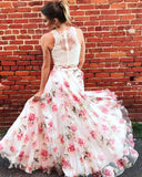 Two Piece Floral Long Lace A Line Prom Dress Graduation Party Dress PFP0373