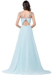 Light Sky Blue Backless Chiffon Long Beaded Prom Dresses PFP1276