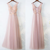 Pearl Pink Lace Top V-neck A Line Floor-length Long Tulle Beautiful Prom Dress PFP0375