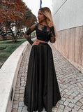 Two Piece Long Sleeve Floor-Length Black Prom Dress with Lace Appliques PFP0529