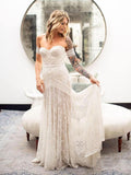 Ivory Lace Sheath Sweetheart Neck Boho Beach Wedding Dresses PFW0021