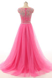 Hot Pink Beaded Long Zipper Modest Evening Prom Dresses PFP1280