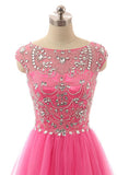 Hot Pink Beaded Long Zipper Modest Evening Prom Dresses PFP1280
