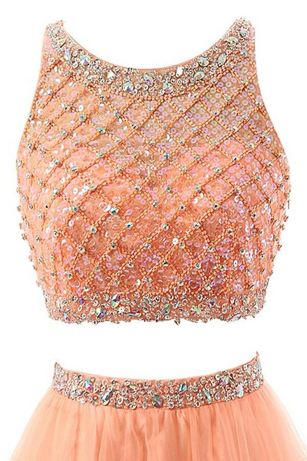 Two Pieces Orange Red Beaded Long Prom Graduation Dresses PFP1281 – Promfast