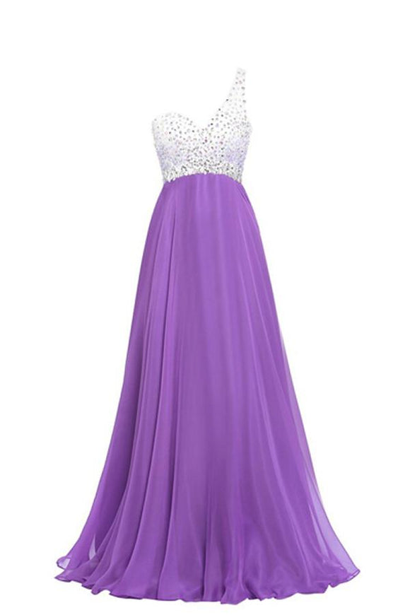 Purple One Shoulder Beaded Long Prom Dresses PFP1282