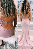 Promfast Elegant Spaghetti Straps Mermaid Beaded Pink Long Prom Dress PFP1889