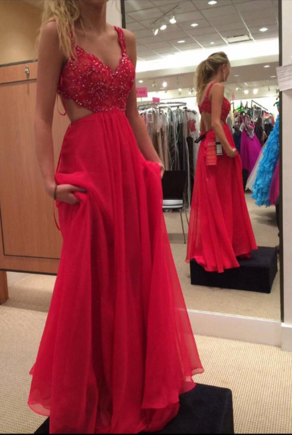 Spaghetti Strap Red Chiffon Evening Dress,Formal Beading Prom Dress PFP0380