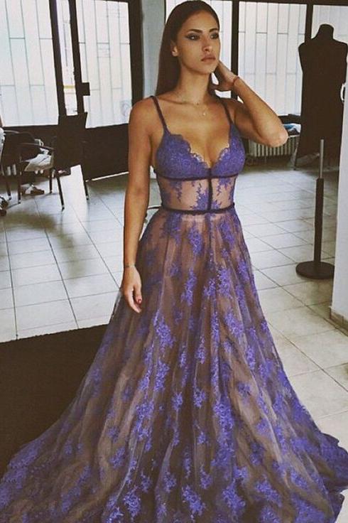 Purple Lace Spaghetti Straps Nude Lining Long Sexy Prom Dress PFP0381 – Promfast Purple Lace Spaghetti Straps Nude Lining Long Sexy Prom Dress PFP0381 – Promfast