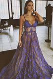 Purple Lace Spaghetti Straps Nude Lining Long Sexy Prom Dress PFP0381