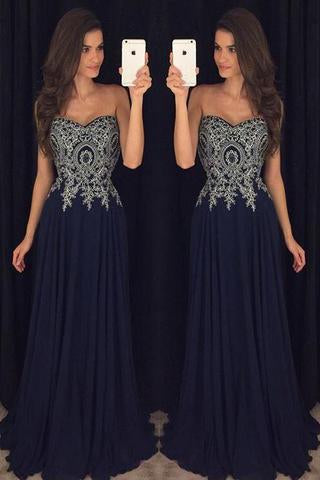 Sweetheart Navy Blue Appliques Chiffon Long Prom Gown PFP0382
