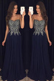 Sweetheart Navy Blue Appliques Chiffon Long Prom Gown PFP0382