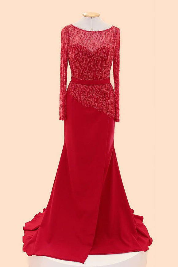Long Sleeves Red Beaded Cap Sleeves Prom Party Dresses PFP1286