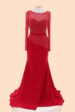 Long Sleeves Red Beaded Cap Sleeves Prom Party Dresses PFP1286