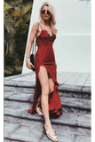 Charming Red Lace Spaghetti Straps Long Prom Dress With Sexy Slit PFP0388