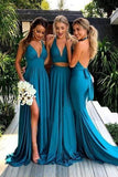 Simple Deep V-Neck Long Blue Backless Bridesmaid Dresses With Split