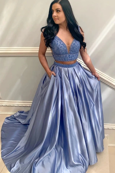 Promfast Two Piece V Neck Blue Satin Beaded Prom Dress Evening Dress W Promfast Two Piece V Neck Blue Satin Beaded Prom Dress Evening Dress W