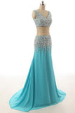 V-neck Light Sky Blue Beaded Long Prom Evening Dresses PFP1287