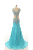V-neck Light Sky Blue Beaded Long Prom Evening Dresses PFP1287