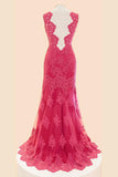 Deep V-neck Fuchsia Mermaid Long Lace Prom Dresses PFP1288