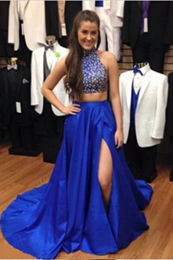 Two Pieces Royal Blue Beaded Long Prom Evening Dresses PFP1289