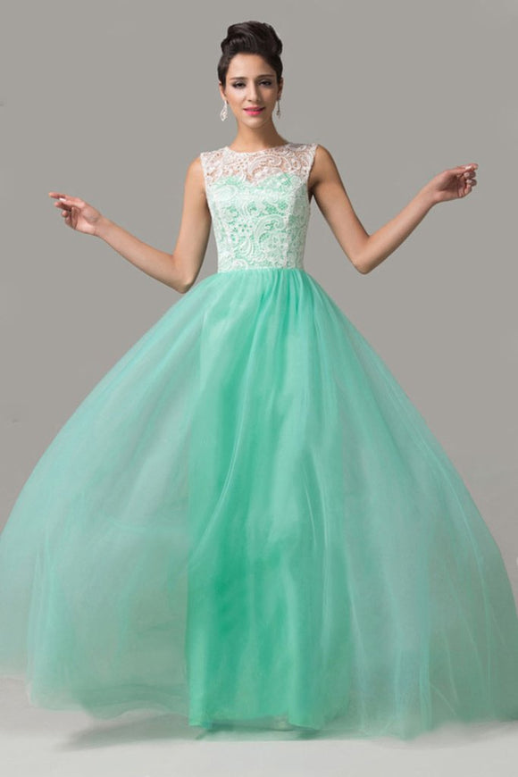 Cap Sleeves Mint Green Lace Long Prom Dresses PFP1290
