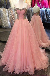 Sweetheart Strapless A Line Tulle Pink Prom Dresses With Beading PFP0390