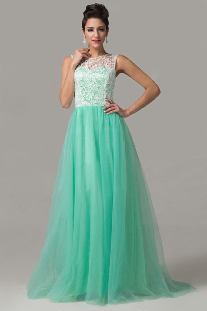 Cap Sleeves Mint Green Lace Long Prom Dresses PFP1290 – Promfast