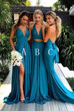 Simple Deep V-Neck Long Blue Backless Bridesmaid Dresses With Split PFB0095