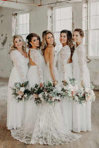 A-Line Open Back Long Sleeves Chiffon Long Bridesmaid Dress with Lace PFB0150