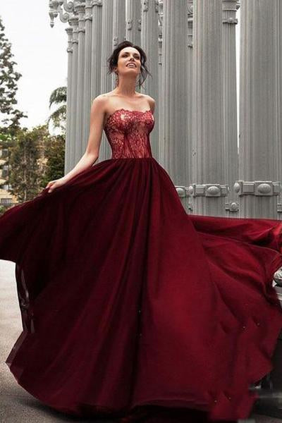 Glamorous A-Line Strapless Burgundy Long Chiffon Prom Dress With Lace PFP0391