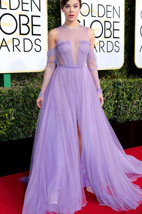 Celebrity Lilac Tulle Long Sleeves A Line See Through Prom Dress With Slit PFP0392