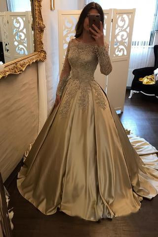 Charming Satin Ball Gown Long Sleeve Lace Appliques Prom Dress PFP0393