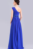 One Shoulder Chiffon Long Royal Blue Simple Prom Dresses PFP1291