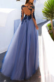 Charming Long Sleeve Appliques Sexy See Though Blue Prom Dresses PFP0394