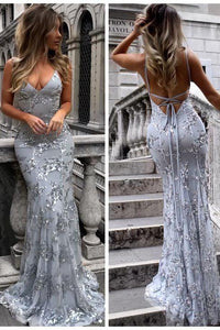 Sexy V-Neck Mermaid Sequined Lace Spaghetti Strips Backless Long Prom Dresses PFP0397