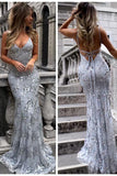 Sexy V-Neck Mermaid Sequined Lace Spaghetti Strips Backless Long Prom Dresses PFP0397