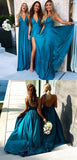 Simple Deep V-Neck Long Blue Backless Bridesmaid Dresses With Split PFB0095