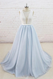 Promfast Light Blue Tulle Sheer Back A Line Round Neck Formal Prom Dress PFP1891