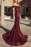 Burgundy Mermaid Sequined Off the Shoulder Prom Dress,Long Evening Dress PFP0399