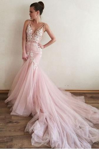 Sexy Appliques V-Neck Mermaid Long Formal Pink Tulle Prom Gown PFP0401