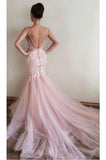 Sexy Appliques V-Neck Mermaid Long Formal Pink Tulle Prom Gown PFP0401