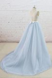 Promfast Light Blue Tulle Sheer Back A Line Round Neck Formal Prom Dress PFP1891