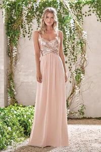 Rose Gold A Line Spaghetti Straps Prom Gown Backless Sequins Chiffon Bridesmaid Dress