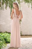 Rose Gold A Line Spaghetti Straps Prom Gown Backless Sequins Chiffon Bridesmaid Dress PFB0096