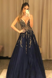 Promfast V Neck Line Sexy Party Dress Navy Blue Appliques Long Prom Dress With Beading PFP1892