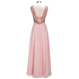 Rose Gold A Line Spaghetti Straps Prom Gown Backless Sequins Chiffon Bridesmaid Dress PFB0096