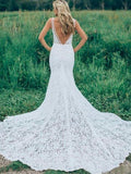 Mermaid V Neck Backless White Lace Long Wedding Dresses,Beach Boho Wedding Dresses PFW0025