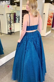 Promfast Royal Blue Sparkle Tulle Straps Appliques Two Piece Prom/Formal Dress PFP1893